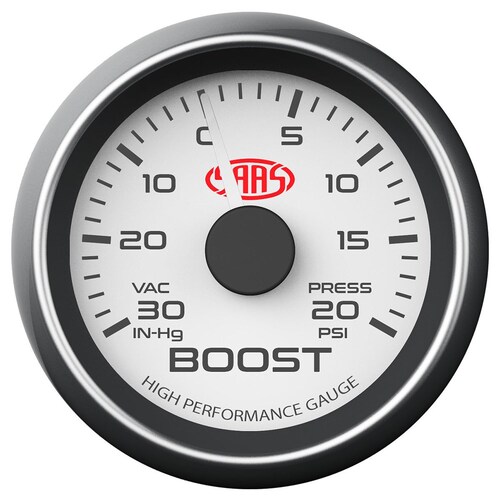 SAAS 52mm White Muscle Series Boost Gauge (30inHg-20psi) - SG-TB52W