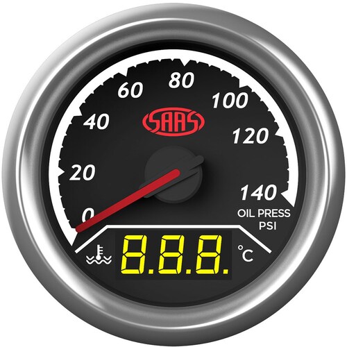 SAAS Trax Series Dual Gauge - Oil Pressure 140 PSI/Water Temp 40-¦-120-¦ Analogue/Digital SKU: SG613020