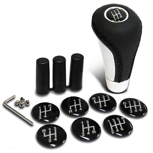 SAAS Black Leather Gear Knob with Aluminium Insert and 8 Shift Pattern Stickers - SKU: SGKAL