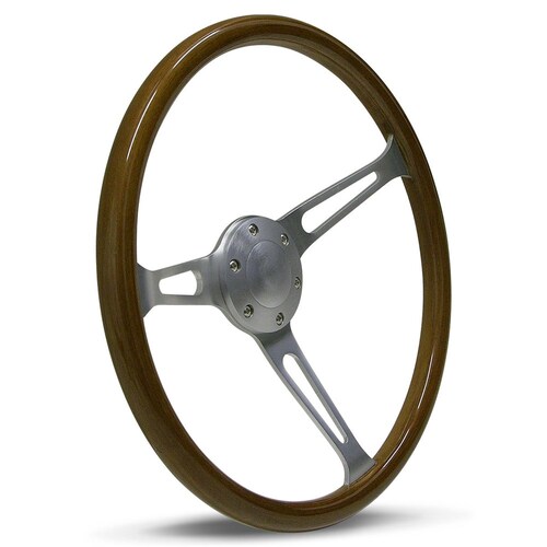 SAAS 15" ADR Compliant Laminated Riveted Wood Steering Wheel With Three Brushed Alloy Spokes - SW702BAW
