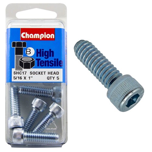 Champion Fasteners Pack Of 5 High Tensile Grade 8.8 Zinc Plated Socket Head Cap Screws - 5/16" X 1" Bsw 5PK SHC17