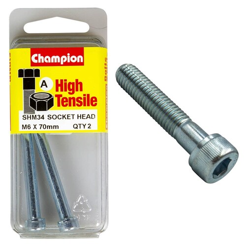 Champion Fasteners Pack Of 2 High Tensile Grade 8.8 Zinc Plated Socket Head Cap Screws - M6 X 70MM SHM34
