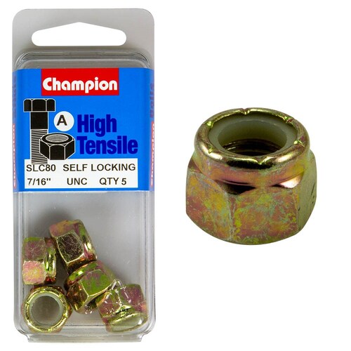Champion Fasteners Pack Of 5 High Tensile Zinc Plated Self Locking Hex Nuts With Nylon Insert - 5Pk 7/16" UNC SLC80
