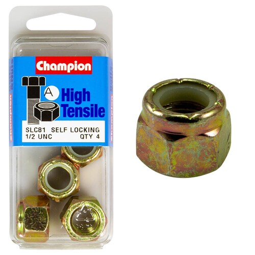 Champion Fasteners Pack Of 2 1/2" Unc High Tensile Grade 8.8 Zinc Plated Self Locking Hex Nuts With Nylon Insert - 2Pk 1/2" UNC SLC81