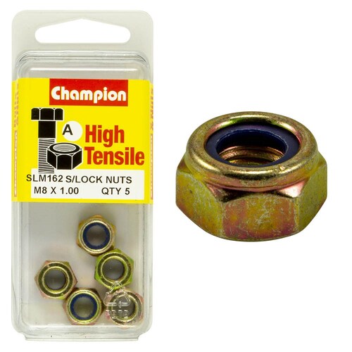 Champion Fasteners Pack Of 5 High Tensile Zinc Plated Self Locking Hex Nuts With Nylon Insert - 5Pk M8 X 1.25MM SLM162