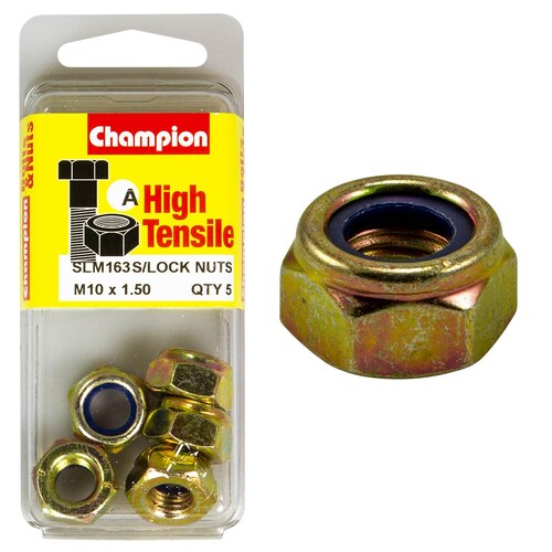Champion Fasteners Pack Of 5 High Tensile Zinc Plated Self Locking Hex Nuts With Nylon Insert 5PK M10 X 1.25MM SLM163
