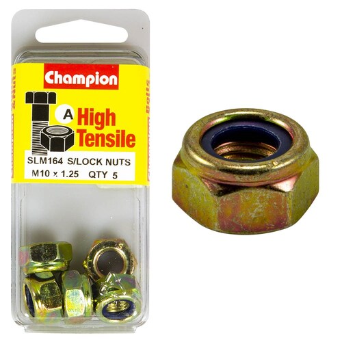 Champion Fasteners Pack Of 5 High Tensile Zinc Plated Self Locking Hex Nuts With Nylon Insert 5PK M10 X 1.00MM SLM164