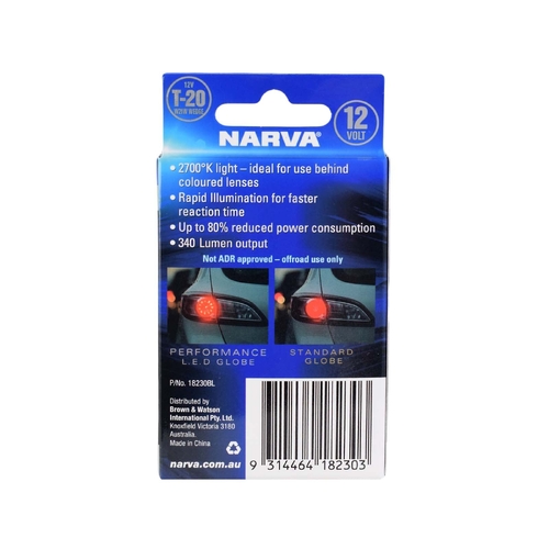 Narva 18230BL 12V T20 W21W Wedge LED Globes 2700K Twin Pack