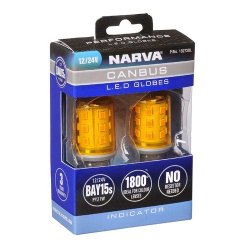 Narva 18272BL Amber 12V PY21W BAU15S CANBUS LED Turn Signal Indicator Globes Twin Pack