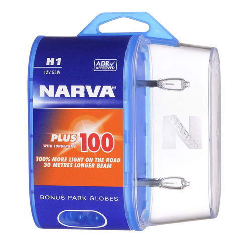 Narva 48334BL2 H1 12V 55W Plus 100 Longer Life Halogen Headlight Globes Twin Pack