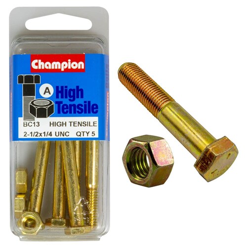 Champion Fasteners Pack Of 5 1/4" X 2-1/2" Unc High Tensile Grade 5 Hex Bolts And Nuts BC13