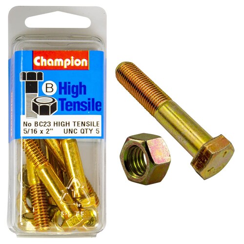 Champion Fasteners Pack of 5 5/16" X 2" Unc High Tensile Grade 5 Hex Bolts And Nuts - 20 BC23