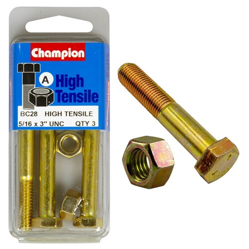 Champion Fasteners Pack Of 3 5/16" X 3" Unc High Tensile Grade 5 Hex Bolts And Nuts - Zinc Plated BC28