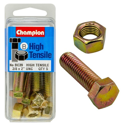 Champion Fasteners Pack of 5 3/8" X 2" Unc High Tensile Grade 5 Hex Bolts And Nuts - Zinc Plated 5PK BC39