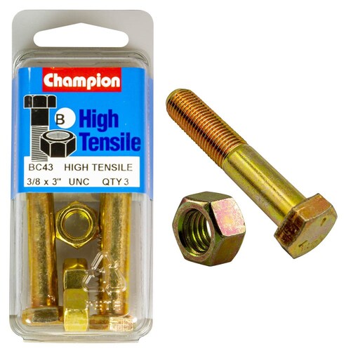 Champion Fasteners Pack Of 3 3/8" X 3" Unc High Tensile Grade 5 Hex Bolts And Nuts - Zinc Plated (3 Pack) 3PK BC43