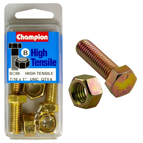 Champion Fasteners Pack of 4 High Tensile Grade 5 Hex Set Screws And Nuts - 7/16" X 1" Unc - Zinc Plated - 4  4PK  BC50