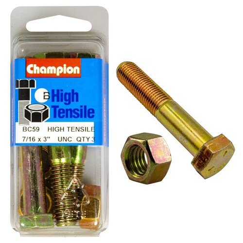 Champion Fasteners Pack Of 3 7/16" X 3" Unc High Tensile Grade 5 Hex Bolts And Nuts - Zinc Plated (3 Pack) 3PK BC59