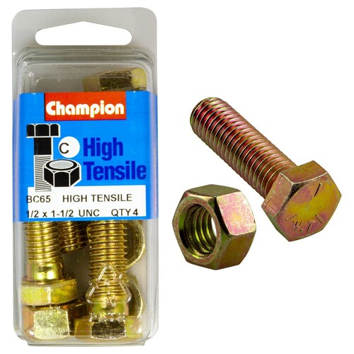 Champion Fasteners Pack of 4 1/2" X 1-1/2" Unc High Tensile Grade 5 Zinc Plated Hex Bolts And Nuts - 4PK BC65