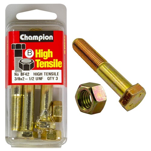 Champion Fasteners Pack Of 3 3/8" X 2-1/2" Unf High Tensile Grade 5 Hex Bolts And Nuts - Zinc Plated (3 Pack) 3PK BF42