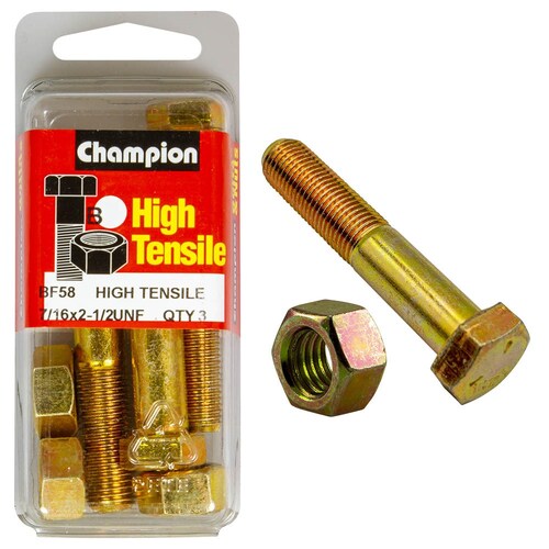Champion Fasteners Pack Of 3 7/16" X 2-1/2" Unf High Tensile Grade 5 Hex Bolts And Nuts - Zinc Plated (3 Pack) 3PK BF58