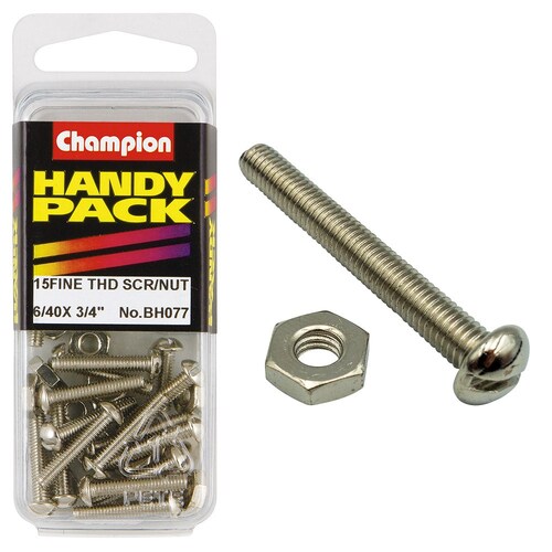 Champion Fasteners Pack Of 15 Nickel Plated Slotted Pan Head Machine Screws And Nuts 6/40" x 3/4" BH077