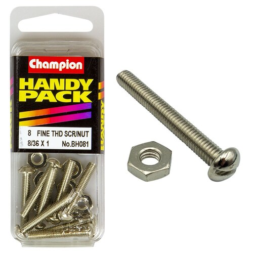Champion Fasteners Pack Of 8 Nickel Plated Slotted Pan Head Machine Screws And Nuts 8/36" x 1" BH081