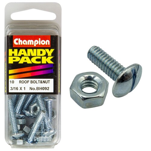 Champion Fasteners Pack Of 10 Zinc Plated Slotted Mushroom Head Roofing Bolts And Nuts 3/16" x 1" BH092