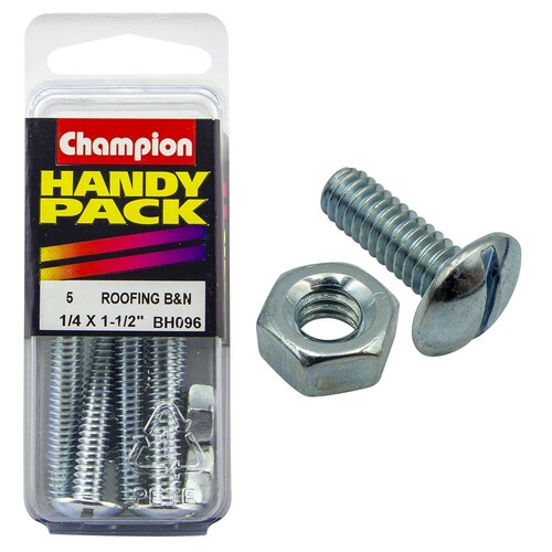 Champion Fasteners Pack of 5 Zinc Plated Slotted Mushroom Head Roofing Bolts And Nuts 1/4" x 1-1/2" BH096