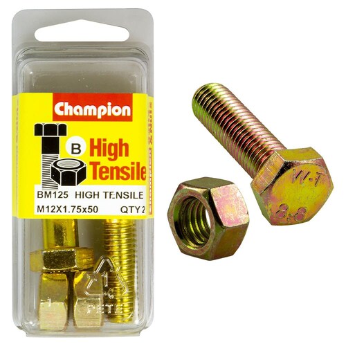 Champion Fasteners Pack Of 2 High Tensile Grade 8.8 Zinc Plated Hex Bolts And Nuts - M12 X 50mm BM125