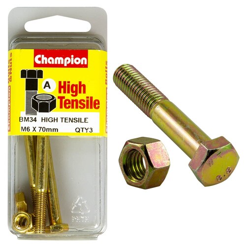 Champion Fasteners Pack Of 3 M6 X 70Mm High Tensile Grade 8.8 Zinc Plated Hex Bolts And Nuts 3PK BM34