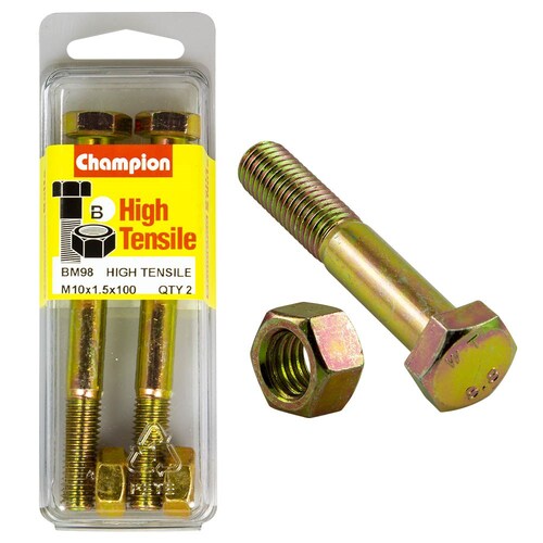 Champion Fasteners Pack Of 2 High Tensile Grade 8.8 Zinc Plated Hex Bolts And Nuts - M10 X 100MM BM98