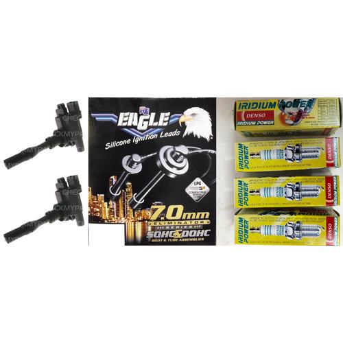 Eagle 7mm Ignition Leads, 4 Denso Iridium Plugs & 2 Mvp Coils E74654-IK20TT-CM