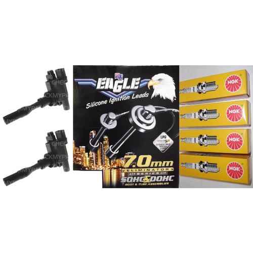 Eagle 7mm Ignition Leads, 4 Ngk Iridium Plugs & 2 Denso Coils E74654-SILFR6A11-C
