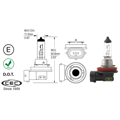 CEC Headlight Globe H11 12v/55w (1) H11 Halogen Phj19-2 12v 55w H11/1255