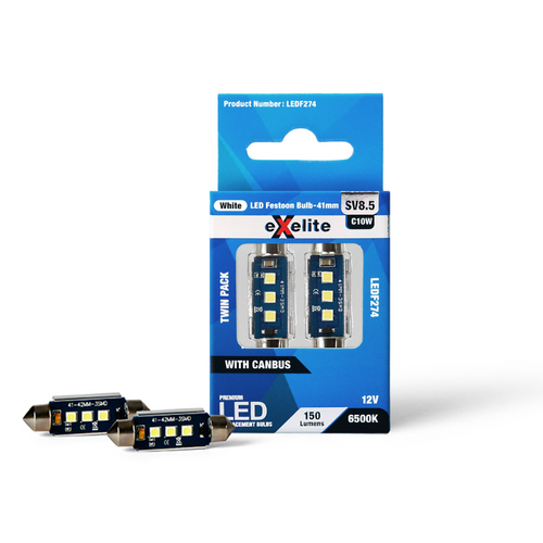 Exelite LED Festoon Globes SV8.5 43mm 12V 10W 6000K (2 Pack) LEDF274