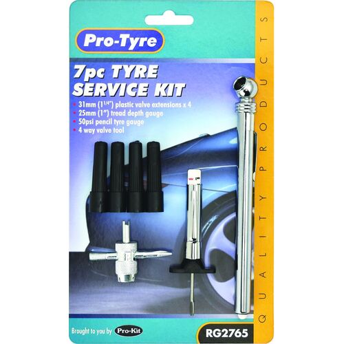 Pro-Tyre Tyre Service Kit - 7pc With 4 X Plastic Valve Extensions, Pencil Tyre Gauge, Tread Depth Gauge & Valve Tool RG2765