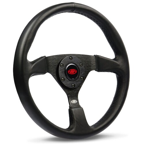 SAAS 14" Director 1980S HDT Inspired ADR Compliant Black Leather Steering Wheel With Three Brushed Alloy Spokes - SW516B-R