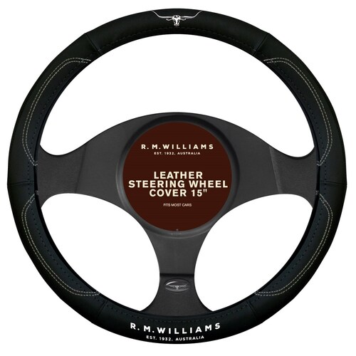 R.M. Williams Leather Steering Wheel Cover Black White SWRMW-BLK